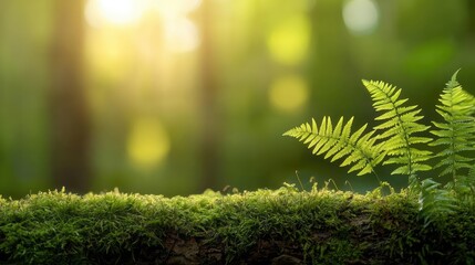 Poster - Lush green ferns growing on mossy ground in a serene forest setting.