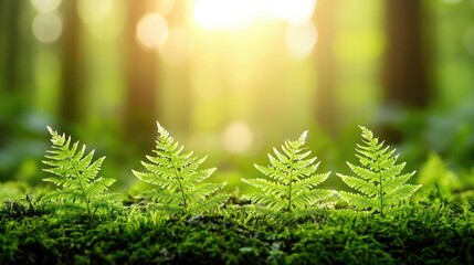 Poster - Vibrant ferns basking in soft sunlight, showcasing nature's beauty and tranquility.