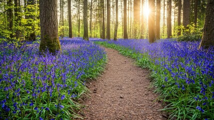 Poster - A serene forest path lined with vibrant blue flowers under the soft morning light.