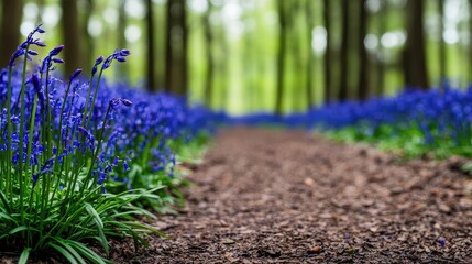 Poster - Beautiful blue flowers lining a tranquil woodland path in springtime.