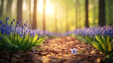 Poster - A serene forest scene adorned with blooming blue flowers and golden sunlight.
