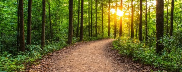Poster - A serene forest path illuminated by golden sunlight, inviting exploration and tranquility.