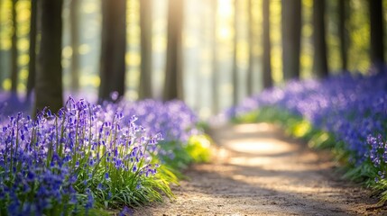 Poster - Sunlit path through a vibrant field of bluebell flowers in a serene forest.