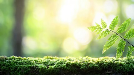 Poster - Vibrant green fern leaves shining in soft sunlight on a tranquil forest floor.