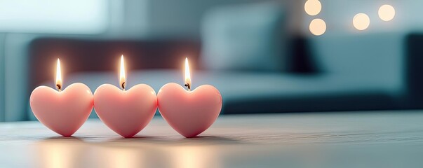 Poster - Three heart-shaped candles lit, creating a romantic atmosphere in a cozy setting.