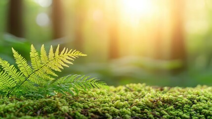 Poster - A fern growing on lush moss in a sunlit forest, symbolizing nature's tranquility.