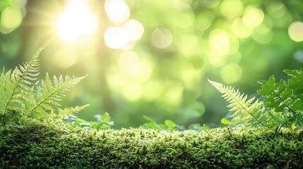 Poster - Lush green ferns illuminated by soft sunlight in a tranquil forest setting.