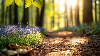 Poster - A serene forest scene with blooming bluebells and sunlight filtering through trees.