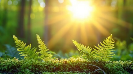 Poster - Bright ferns basking in sunlight, creating a serene forest atmosphere.