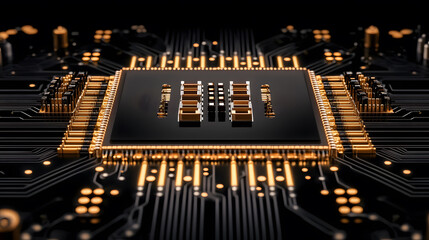 Poster - A close-up view of a microchip surrounded by intricate circuitry, showcasing modern technological design and connectivity
