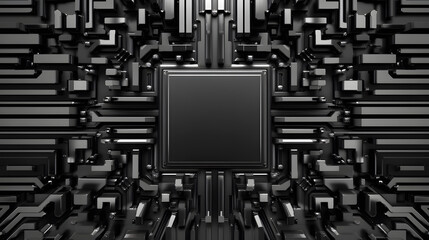 Poster - A black, intricate circuit board design featuring a central square chip, showcasing a futuristic and technological aesthetic