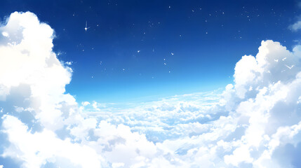 Poster - A serene sky filled with fluffy clouds, vibrant blue hues, and scattered stars, creating a tranquil and dreamy atmosphere