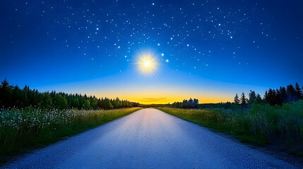 Poster - A serene night scene featuring a starry sky, a glowing moon, and a tranquil road surrounded by lush greenery