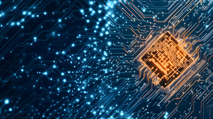 Poster - A glowing microchip surrounded by a network of blue circuits and digital particles, symbolizing advanced technology and innovation
