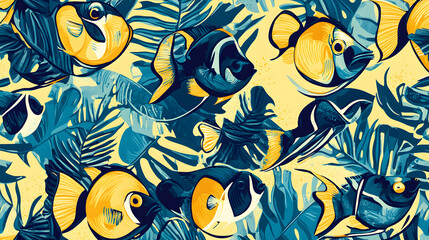 Aufkleber - A vibrant pattern featuring colorful fish among tropical leaves, creating a lively underwater scene with a mix of blue and yellow hues