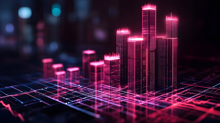 Poster - A digital representation of bar graphs in vibrant pink and blue tones, illustrating data trends in a futuristic, tech-inspired design