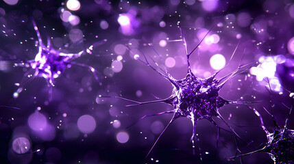 Aufkleber - A vibrant, abstract depiction of neurons in shades of purple, set against a backdrop of ethereal light, representing neurological processes