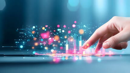Poster - A finger interacts with a colorful, animated data visualization, suggesting engagement with technology and data analysis