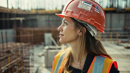 Poster - Female engineer on a construction site, inspecting progress	