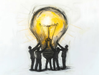 Poster - A group of people collaborates to lift a large light bulb, symbolizing teamwork, innovation, and the power of ideas.
