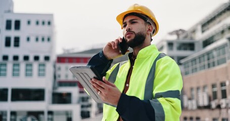 Leinwandbilder - engineering, phone call or man with tablet, conversation or communication for project. person, inspe