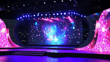 Poster - Futuristic stage backdrops with interactive elements and digital integration.