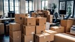 © Masque - Cardboard boxes are neatly arranged in a sizable stack within the office.