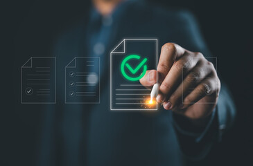 Poster - Tick the checkmark in the survey item. Tick mark evaluation in options check form online on a laptop. Checklist concept, task audit in a list of documents. Verify task detail business, process order