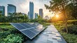 © SY - Solar panels in urban park setting at sunset. Illustrates sustainable city energy solutions.
