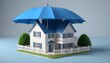 © Rama - A 3D model of a house sheltered under a blue umbrella symbolizes the concept of renters' home insurance or mortgage protection
