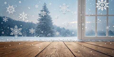 Poster - A window with snowflakes falling outside and a tree in the background