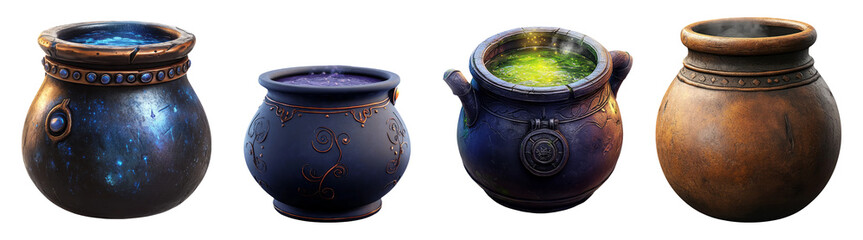 Wall Mural - collection of isolated fantasy cauldrons on transparent background