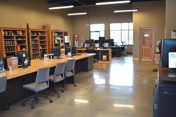 Aufkleber - Modern office space with workstations, bookshelves, and natural light.
