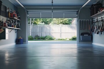 Poster - A spacious, organized garage with tools and a view of a garden outside.