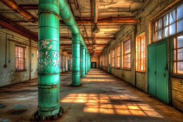 Poster - Abandoned industrial space with weathered pipes and sunlight streaming through windows.