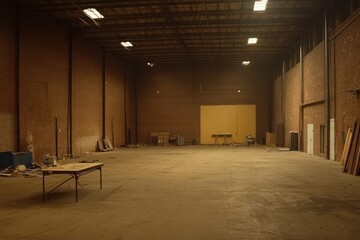 Poster - A spacious, empty warehouse interior with minimal furnishings and a concrete floor.