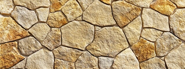 Poster - A textured wall made of irregularly shaped stones in various shades of brown and yellow.