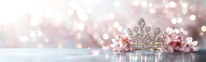 Poster - A sparkling tiara surrounded by delicate pink flowers and soft bokeh lights.