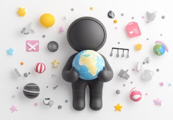 Leinwandbilder - A stylized figure holding a globe surrounded by playful, colorful objects and shapes.