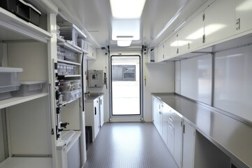 Poster - Interior of a clean, organized mobile unit with storage and workspace.