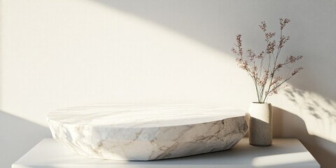 Poster - A minimalist display featuring a marble table and a vase with dried flowers.