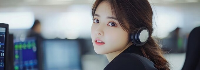 Poster - A woman wearing headphones in an office setting, focused on her work.