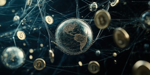 Poster - A digital representation of a globe interconnected with Bitcoin symbols, symbolizing cryptocurrency.