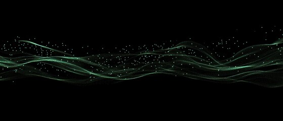 Aufkleber - Abstract green waves with floating particles on a black background.