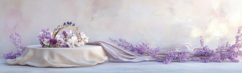 Poster - A serene display of flowers and a decorative mirror on a soft fabric background.