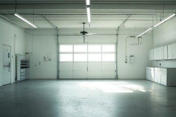 Poster - A spacious, empty garage with overhead lighting and large doors.