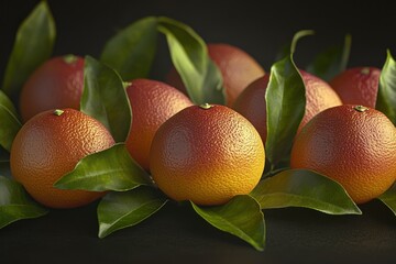 Canvas Print - A cluster of vibrant oranges surrounded by green leaves on a dark background.