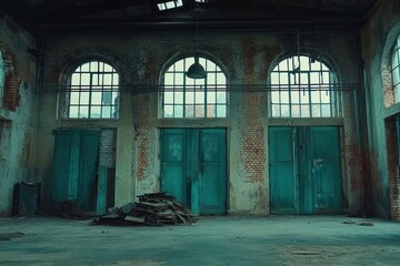 Poster - Abandoned industrial space with weathered walls and teal doors.