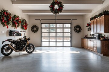 Poster - A spacious garage decorated for the holidays with a motorcycle and festive wreaths.
