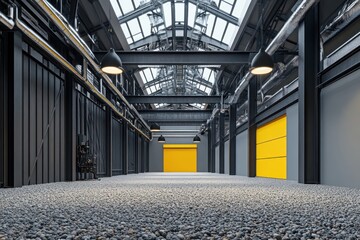 Aufkleber - A modern industrial space featuring grey walls and bright yellow garage doors.